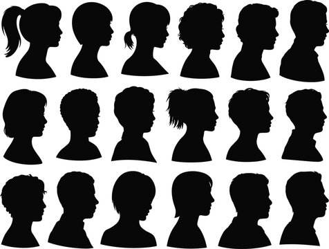 Diverse people profile silhouettes, male and female head shapes, collection of human faces side view, various hairstyles isolated.