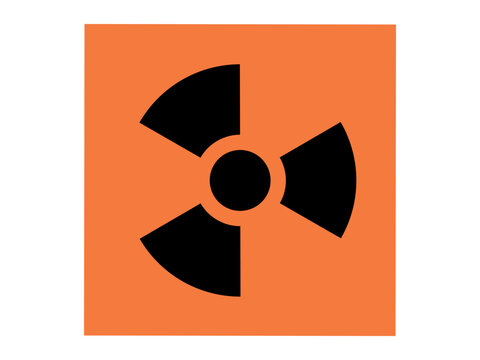 Black radioactive radiation symbol on orange square vector illustration. Nuclear energy, toxic waste, hazard warning, industrial safety, science research, environmental risk. Trefoil icon on warning
