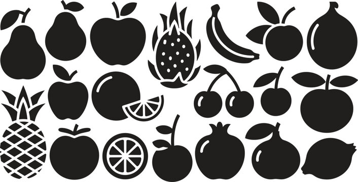 Fresh organic fruit silhouettes, healthy food icons, tropical collection, apple, banana, pineapple, citrus, dragon fruit