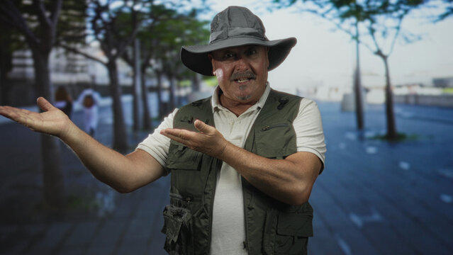 Man fisherman in a wide hat and vest offers open palms toward camera on a street, visible hands and face; pleading need.