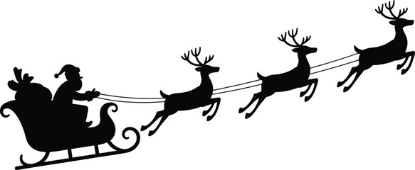 Santa Claus flying in sleigh with reindeer, Christmas silhouette, holiday celebration, winter night, festive reindeer pulling sled, gift delivery. © MstTanzina