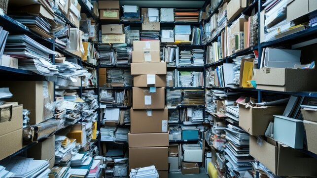 Messy storage room overflowing with paper and boxes