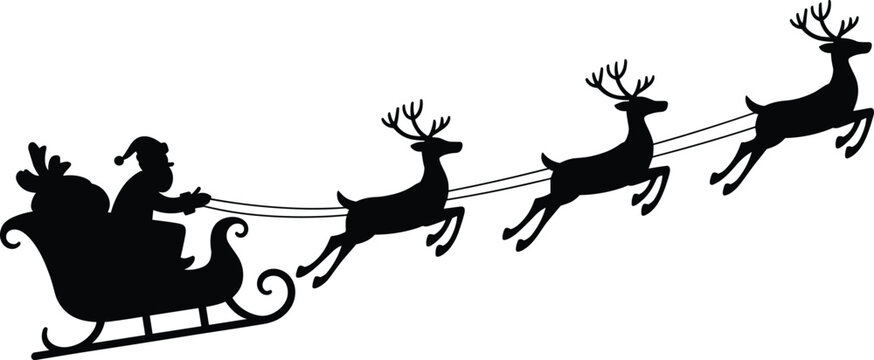 Santa Claus flying in sleigh with reindeer, Christmas silhouette, holiday celebration, winter night, festive reindeer pulling sled, gift delivery.