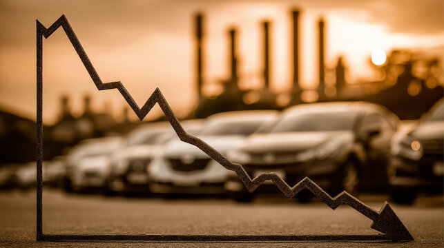 Economic Downturn: A symbolic depiction of economic decline with a downward trending arrow superimposed over a dealership and factory complex, representing the impact of recession on automotive sales.