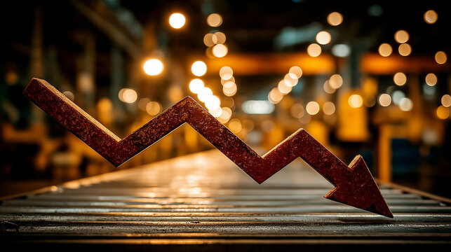 Economic Downturn: A symbolic arrow depicts a downward trend within an industrial setting, symbolizing economic challenges. The image evokes concern about economic downturns, market corrections.