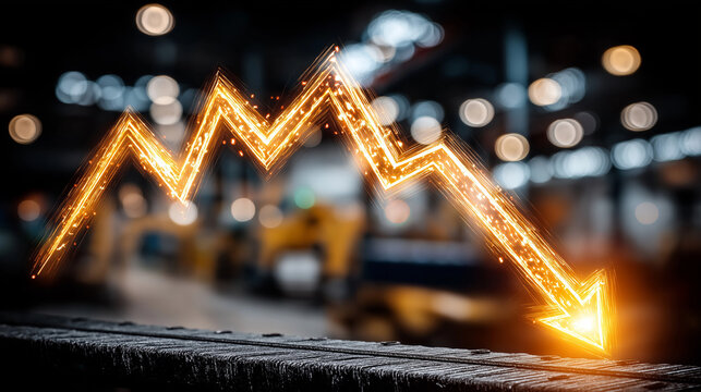 Economic Downturn: A glowing arrow plunges downward, symbolizing the economic challenges in industrial background, illuminating the stark reality of financial decline.
