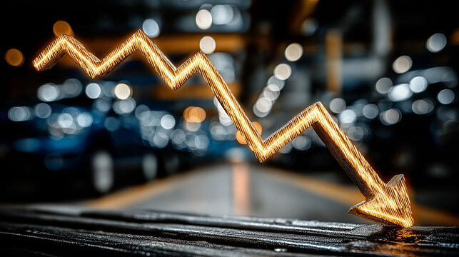 Decline in the Market: A golden arrow plunges downward, symbolizing the chilling effects of a downturn in the financial markets, its sharp descent against the backdrop of an industrial setting.