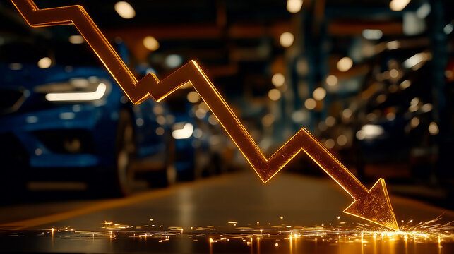 Economic Downturn: A symbolic depiction of financial decline in an industrial setting, featuring a golden downward arrow cascading toward a pool of reflective liquid.