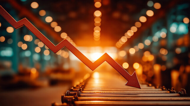 Economic Downturn in Factory: A stark red arrow plunges downwards across an industrial conveyor belt, signifying economic decline and challenges.