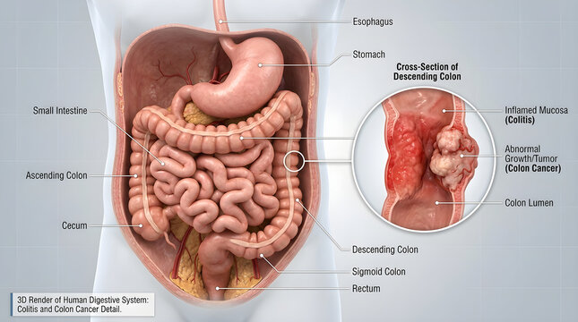 3D Render of Human Digestive System Anatomy with Colon Cancer Tumor Detail