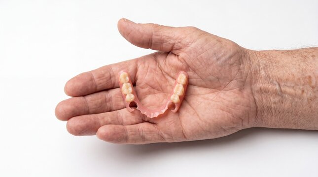 Close up of an elderly person hand holding a small partial plastic denture with a few artificial teeth on white background. dental restoration, senior healthcare, oral prosthesis.