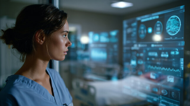 Nurse monitoring patient vitals with futuristic healthcare dashboard overlays, concept of innovative technology in healthcare