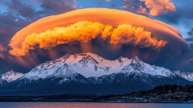 Sunset over snowy mountain with lenticular cloud