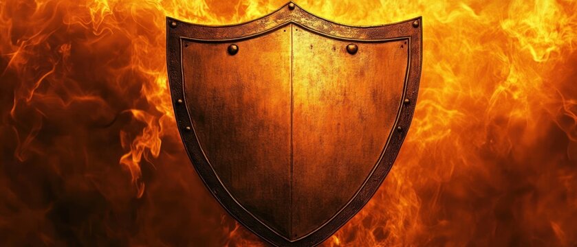 Metal shield and fire background