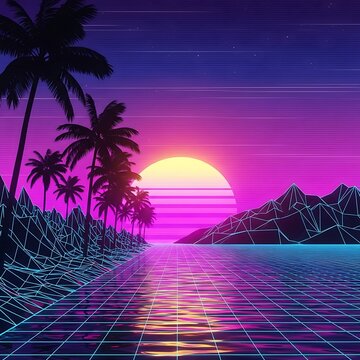 Neon retro sunset over a wireframe ocean and palm trees