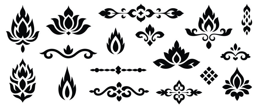 Thai decoration elements set with traditional ornamental patterns lotus flower motifs elegant floral borders corner designs and cultural heritage inspired decorative accents for layout framing vector