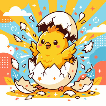 Cute little yellow chick hatching.