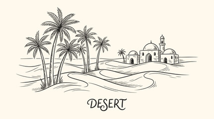 Fototapeta premium A serene desert landscape featuring a hand drawing of palm trees and buildings.