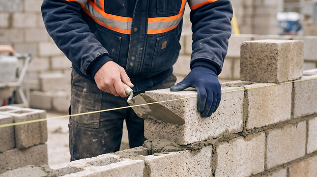 Professional mason worker leveling concrete blocks with a trowel on a construction site building a wall.