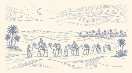 Obraz premium A hand drawing of a caravan journeying through a desert landscape under a night sky with palm trees and mountains.
