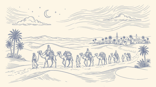 A hand drawing of a caravan journeying through a desert landscape under a night sky with palm trees and mountains.
