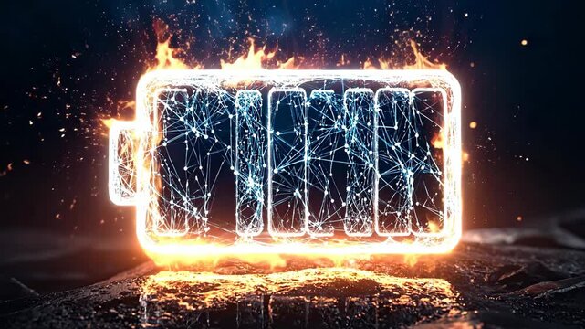 Futuristic Burning Battery Icon with Sparks and Fire Effects.