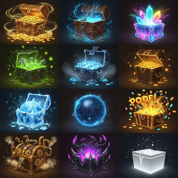 Nine fantasy treasure chests brimming with magical loot and glowing gems