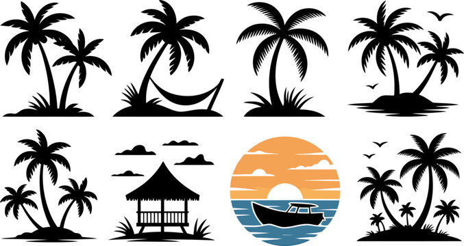 Tropical island silhouettes palm trees beach hut boat and sunset scene palm tree silhouette