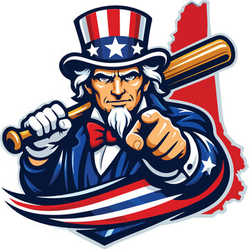 Uncle Sam baseball mascot character pointing with bat and flag motion