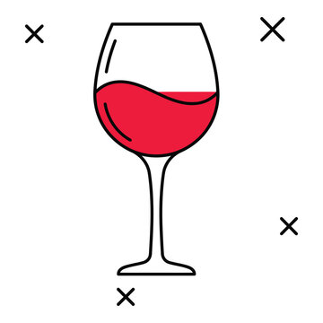 Red wine glass line art icon with minimalist crosses background for vineyard branding restaurant menu and wine tasting.