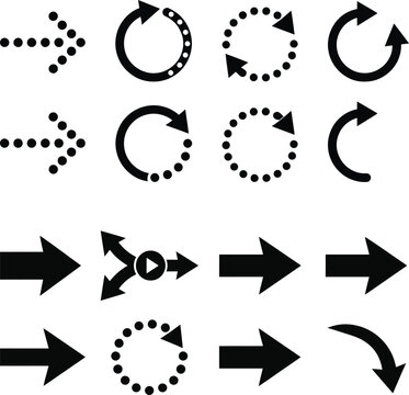 Set of black arrow icons. various arrow designs including dotted, circular, and directional shapes on transparent background.