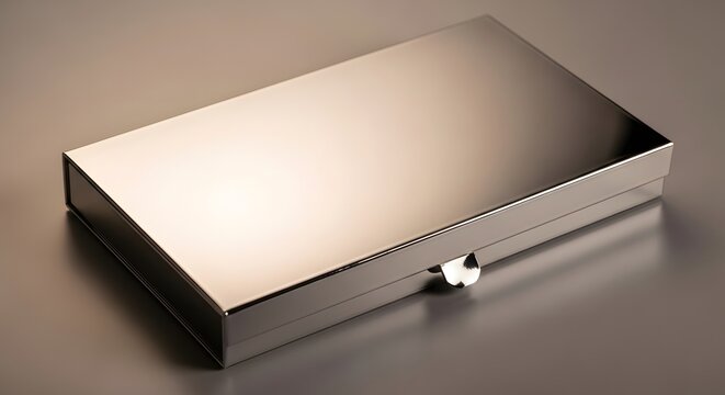 Polished silver rectangular box with latch on a smooth muted background during studio lighting