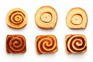 Fototapeta premium Six different sweet cinnamon swirl pastries arranged on a simple white background