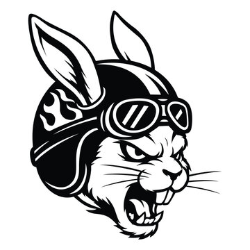 Rabbit Racer with Vintage Biker Helmet Vector Art