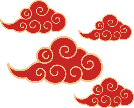 Set of red Chinese clouds, traditional swirling patterns, decorative oriental auspicious symbols, on transparent background.