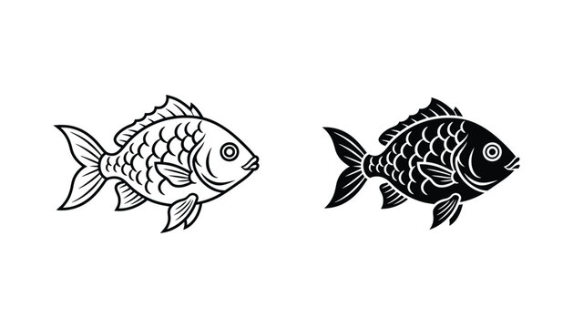 Stylized carp fish icon featuring detailed scales and fins in black and white line art and solid silhouette vector formats for fishing and culinary design