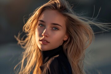 Fototapeta premium Young blonde woman posing outdoors with wind blowing her hair at sunset
