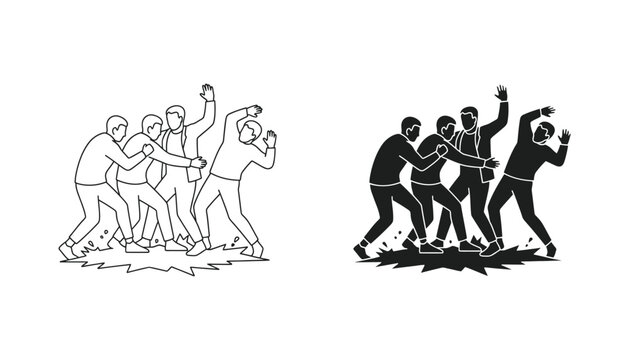 Group of people in a scuffle or conflict icons in outline and solid black silhouette style for social issues and design graphics