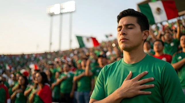 Young man with hand on heart eyes closed during national anthem in Mexico soccer stadium setting