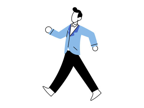 Man in a blue blazer and black pants walking forward vector illustration. Career growth, business travel, commuting, active lifestyle, professional success, urban movement. Male person stepping