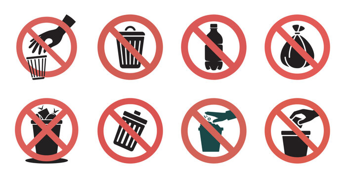 Do not litter vector signs set, no throwing trash symbols collection graphic.