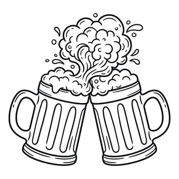 Two beer mugs clinking together, splashing foam and bubbles, celebrating with frothy beverage in outline style.