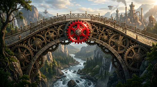Intricate Steampunk Bridge with Red Gear over River Valley and Fantasy City