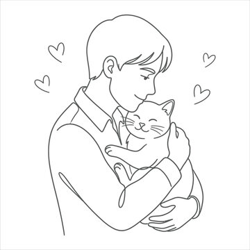 Young man holding loving fluffy cat kitten affectionately gentle embrace close hug smiling happy peaceful bond relationship.