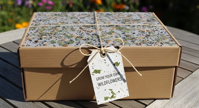 Seed paper gift box with wildflower seeds during summer with natural light and shallow depth of field