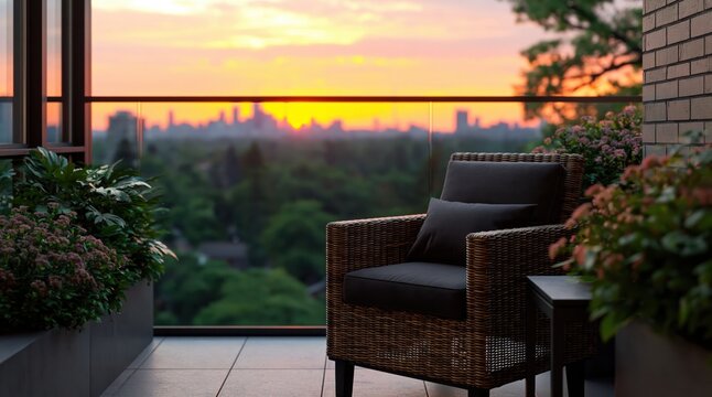 Comfortable wicker armchair sits on lush balcony overlooking vibrant sunset cityscape with green forest canopy in foreground. High quality photo