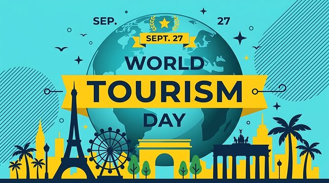 World tourism day celebration poster with global landmarks illustration