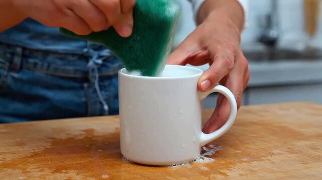 Person washing a white mug with sponge perfect for cooking tutorials and recipe showcases