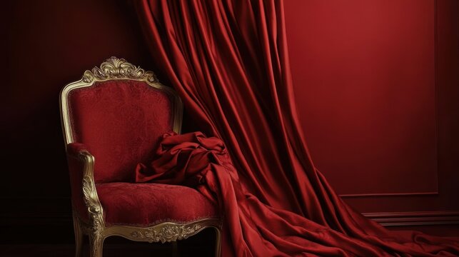 Red vintage chair and curtains in elegant interior
