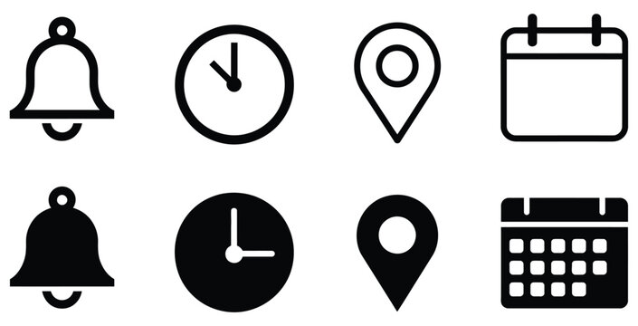 Time, date, address line icon set with minimalist line style icons for scheduling event organization location details and information display system